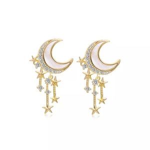 NEW Gold Crystal Crescent Stars Drop Earrings